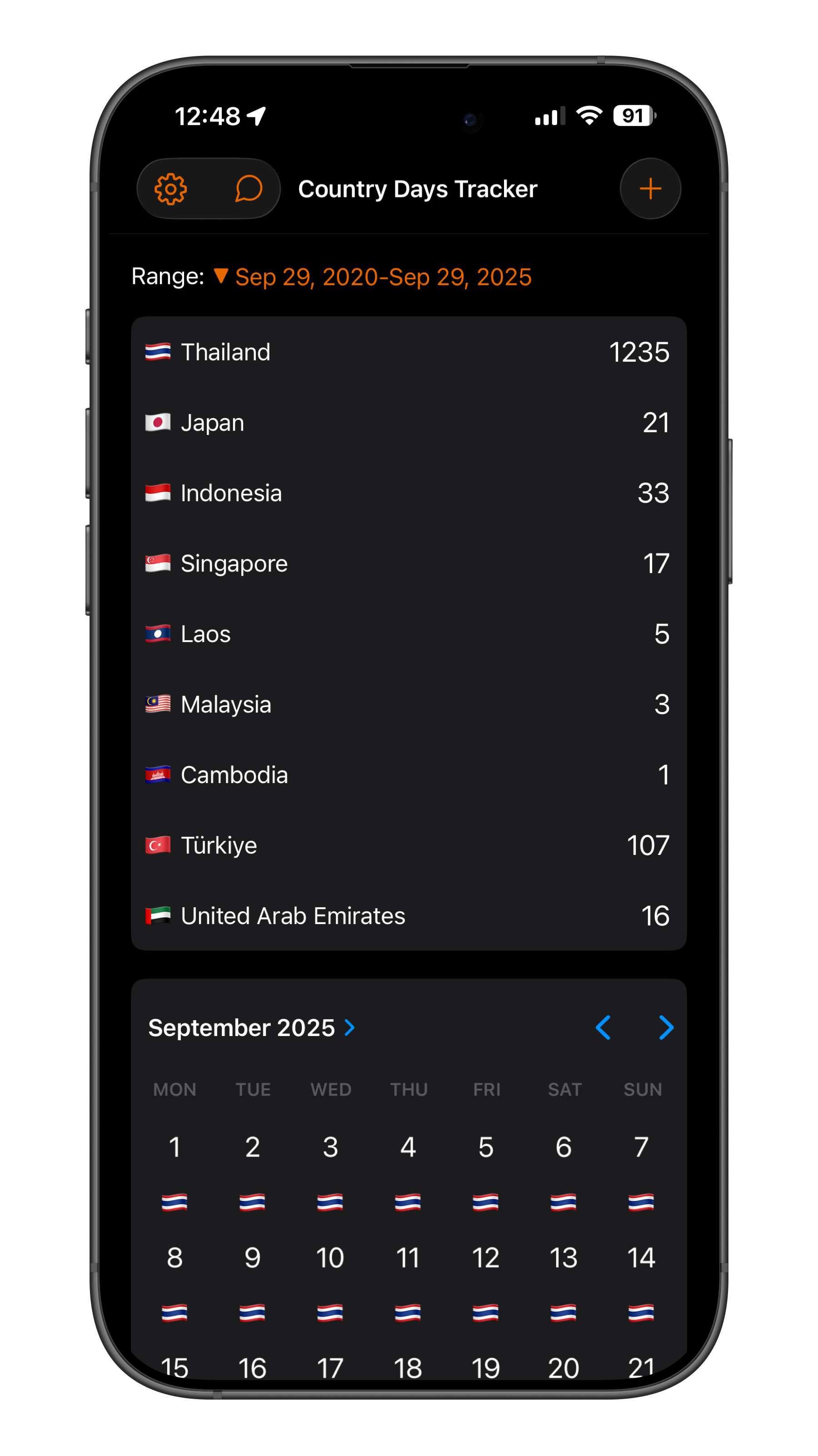 Country Days Tracker — App iOS